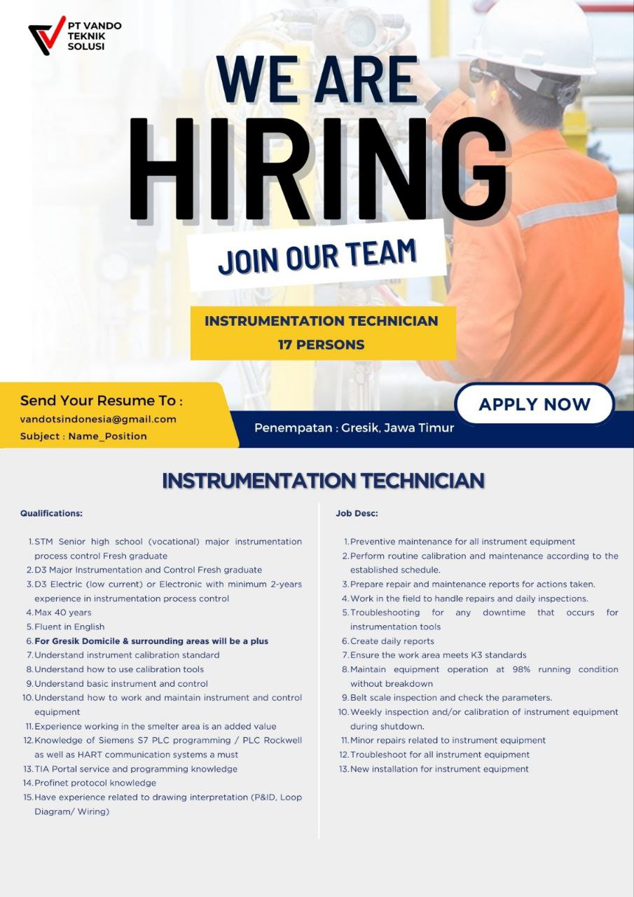 **PT. VANDO TEKNIK SOLUSI** membuka lowongan utk 3 posisi tercantum dlm jumlah banyak, penempatan**GRESIK, JAWA TIMUR**